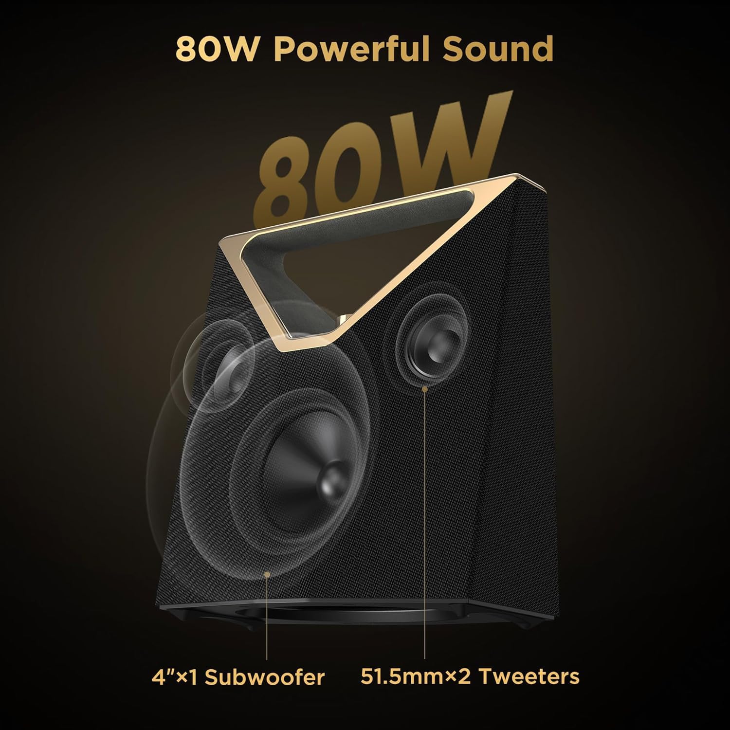 BUGANI Brief Plus Bluetooth Speaker Portable 80W, 12H Long Playtime, Bluetooth Broadcast 100+ Connection, Supports AUX/USB, Outdoor Speaker for Camping, Beach, Party, Golden