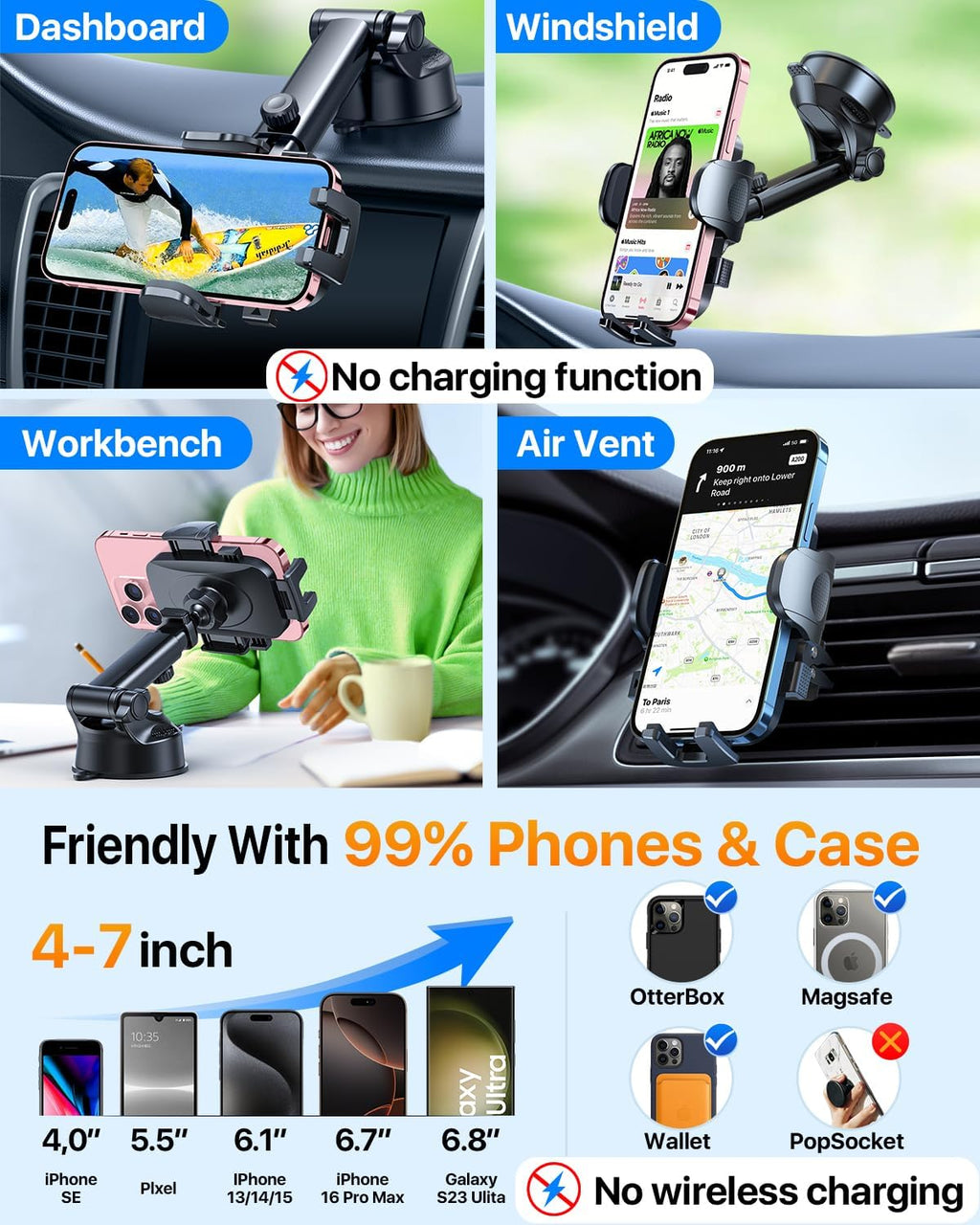 HTU [True Military-Grade] 2025 Upgraded Car Phone Holder 【Safety Certs & No Smell】 Cell Phone Holder for Car Mount for Dashboard Windshield Air Vent Long Arm Thick Case,Red
