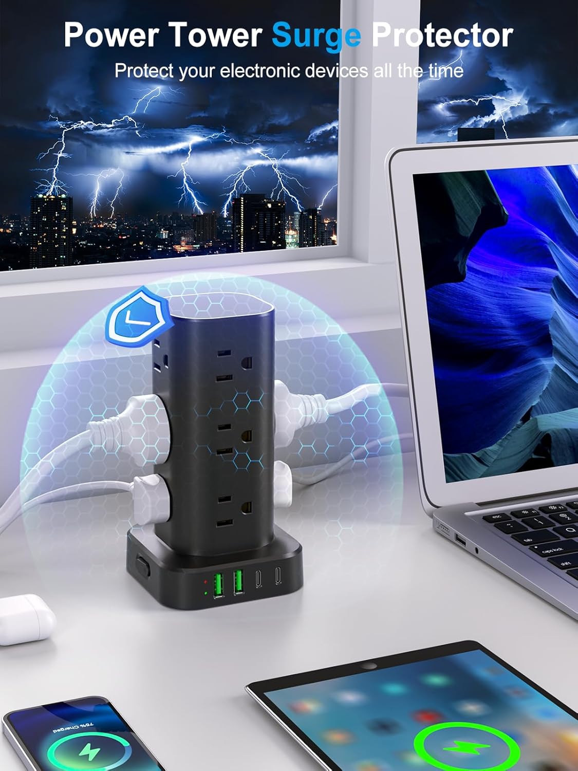 Power Strip Tower with Multiple Outlets, Flat Plug Surge Protector Tower Extension Cord with 12 AC Outlets 4 USB Ports (2 USB C), 6FT Cord Power Tower Surge Protector for Home Office Dorm Room, Black