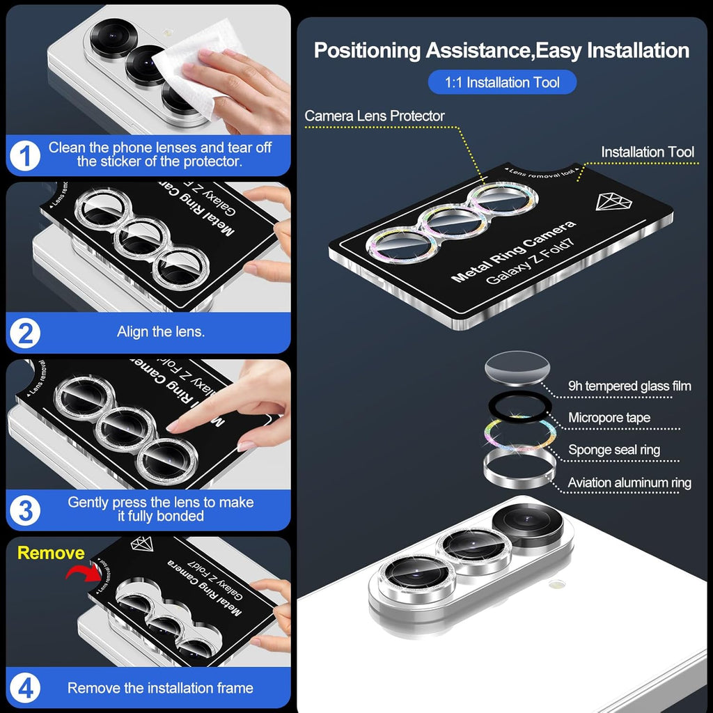 for Samsung Galaxy Z Fold 7 Camera Lens Protector, Individual Metal Ring Tempered Glass Lens Cover, [Strong Adsorption] Scratch Resistant Ultra-Thin HD Clear Lens Cover, 1 Set-Colorful Sparkly