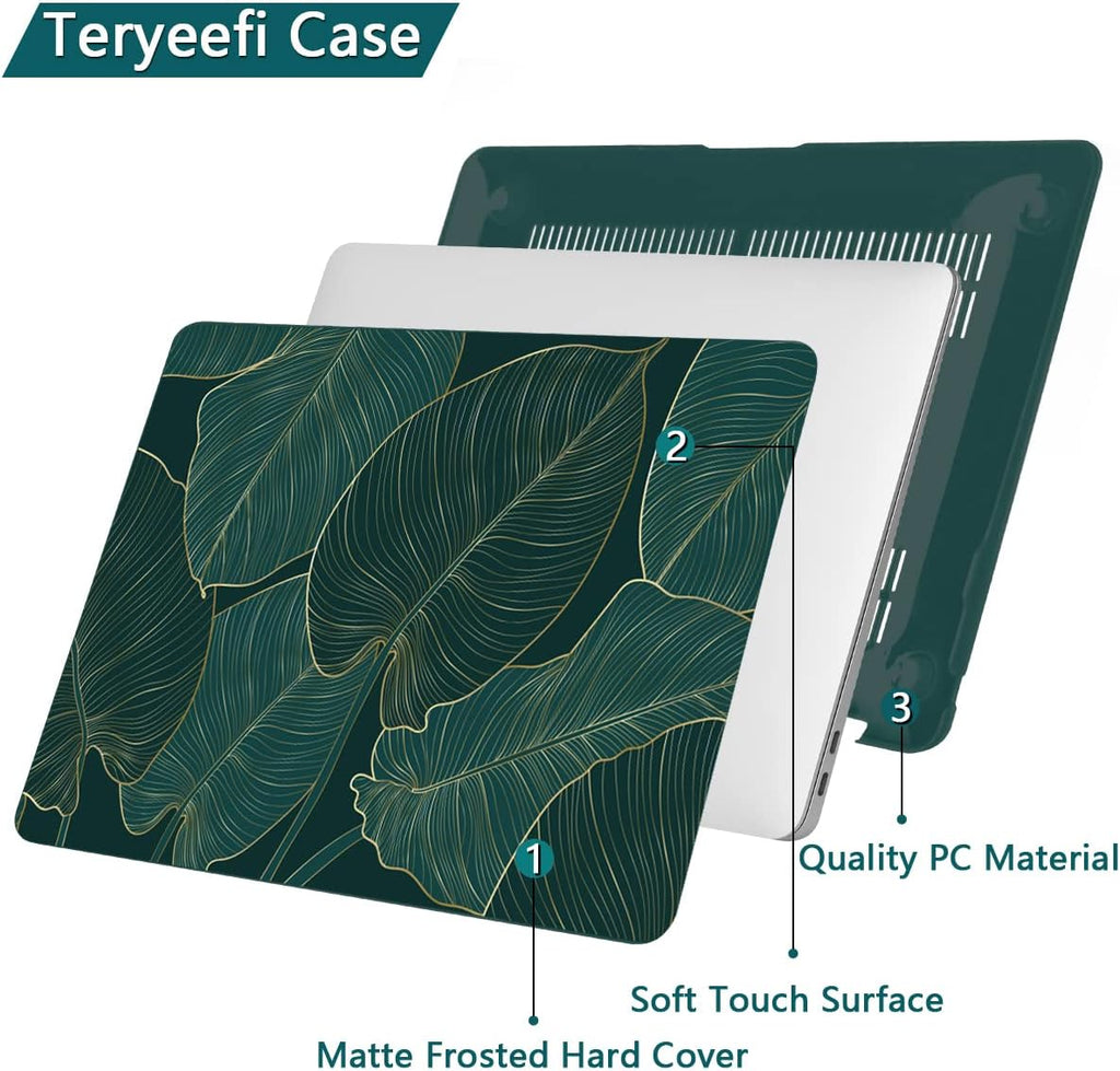 Teryeefi Hard Shell Case + Keyboard Cover + Screen Protector for MacBook Air 13 inch M1, Green Leaf