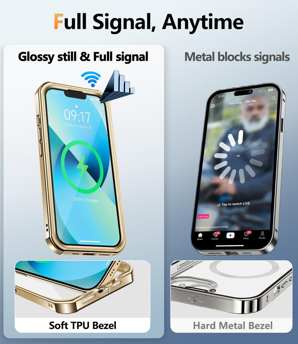 [360° Rotatable CD Stand & Built-in Privacy Screen Magnetic Case for iPhone 13 [Compatible with MagSafe & Full Signal] Mil-Grade Shockproof Full Body Anti-Spy Cover for 13-Gold