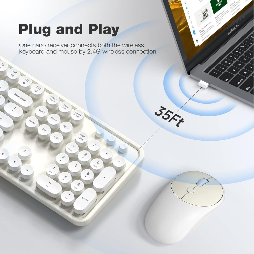 KNOWSQT Wireless Keyboard and Mouse Combo - White-Milky Full-Sized 2.4 GHz 104 Keys Typewriter Cute Keyboard, Round Keycap and Optical Mouse for Windows, Computer, PC, Laptop, Desktop
