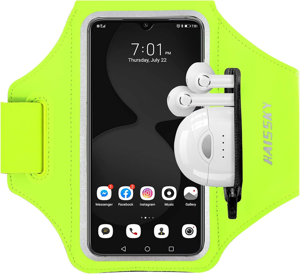 Running Armband with Earphone Bag Cell Phone Armband for iPhone 16 15 Pro 14 Plus 13 11 XR XS, Galaxy S24/S10 Water Resistant Sports Phone Holder Case & Zipper Slot Car Key Holder for 6.7 inch Phone