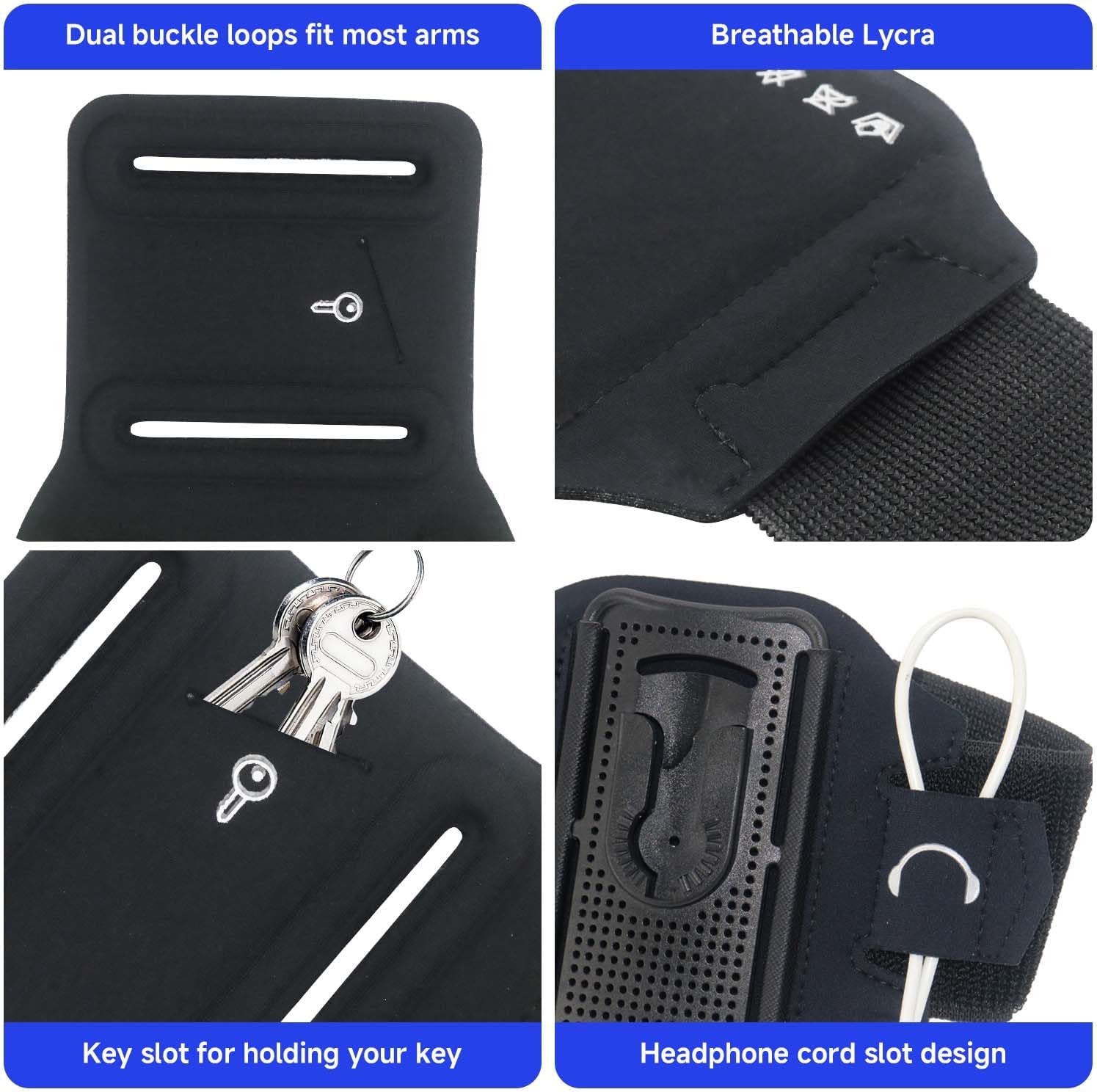 Wristband Phone Holder for Running, 360°Rotation & Detachable Sports Armband with Key Holder for iPhone 16/15/14/13/12/Pro/Pro Max/XS/XR/X/8/7/6/Plus, Fits 4.5-7 Inch Smartphones (Grey)