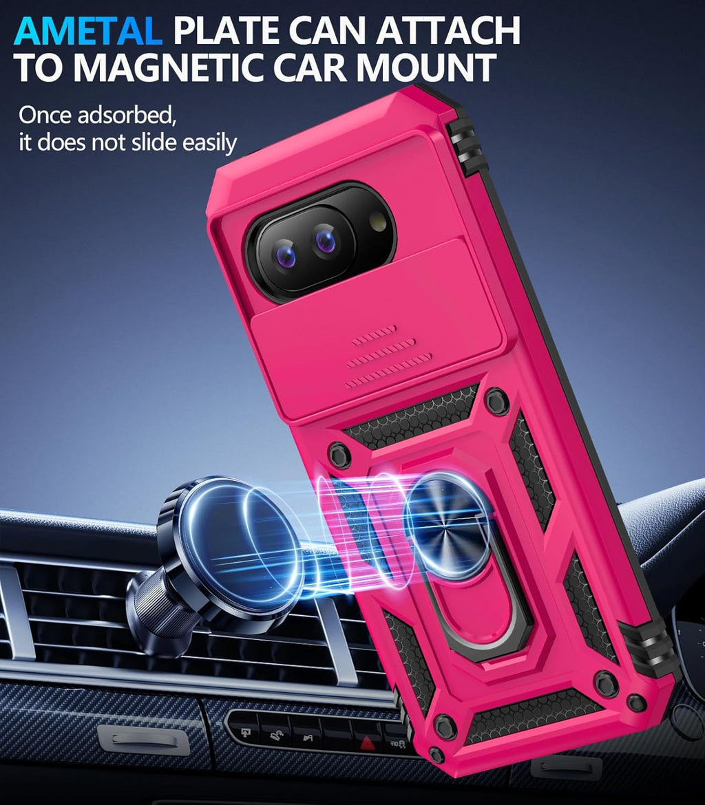Taisairu for Google Pixel 9A Case with Screen Protector & Slide Camera Lens Cover,Built-in 360°Rotate Magnetic Ring Stand Shockproof Protective Phone Case for Google Pixel 9A Case(Hot Pink)