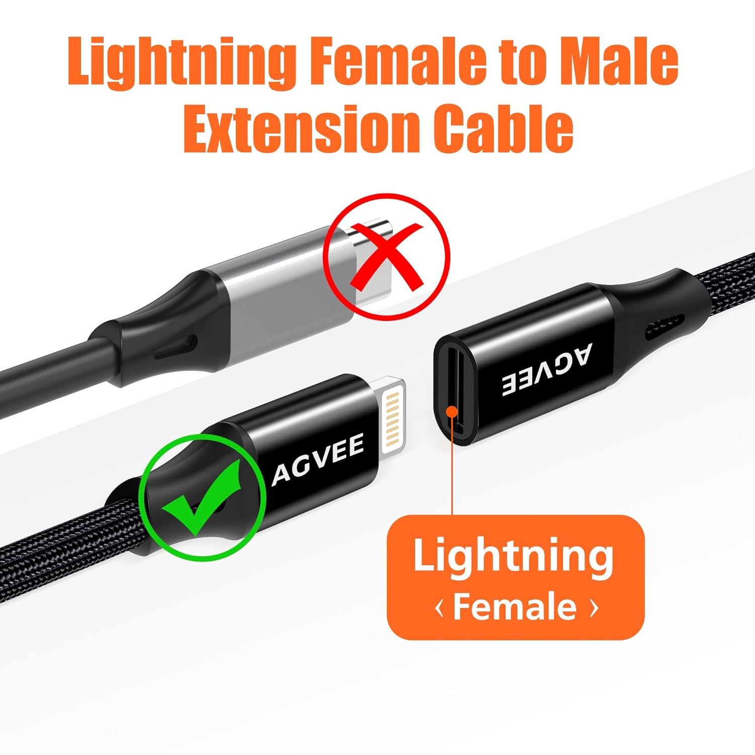 AGVEE 2 Pack 6.6ft Lightning Extension Cable, Braided Female to Male Extender Full Function Cord Compatible with iPhone iPad, Data Sync Video Audio & Charging Connector Adapter, Black