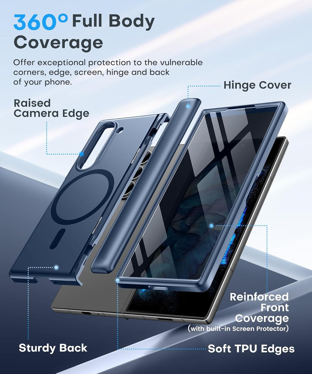 BERFY Magnetic for Samsung Galaxy Z Fold 6 Case with Privacy Screen Protector, [Compatible with MagSafe][Anti Spy] Built-in Hidden Kickstand, Full-Body Shockproof Slim Phone Case for Z Fold 6, Blue
