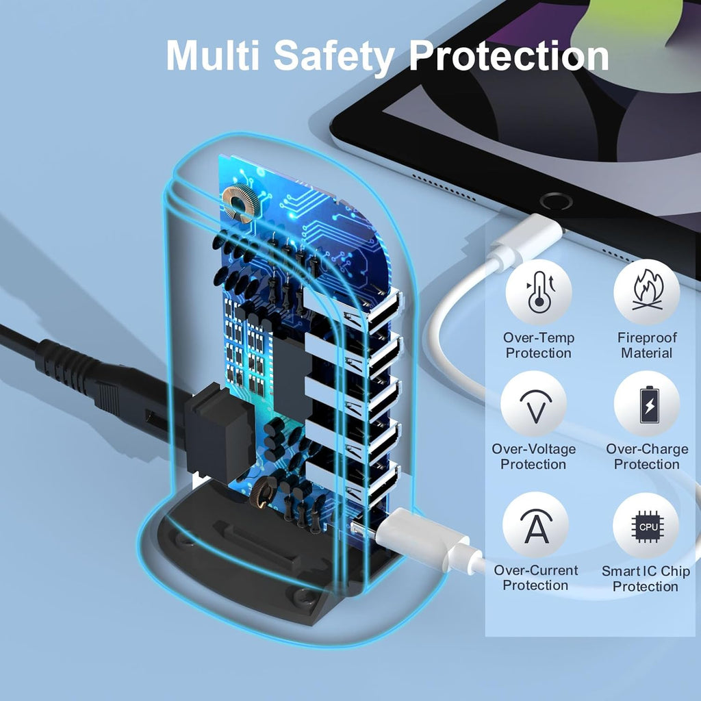 USB Charger Block with Type C, 6-Port Chargers for Multiple Devices, USB Charging Hub with Smart IC, Charger Station Total 60W for Phone/Tablet/Gaming, Wall Charger Adapter Compact&Portable