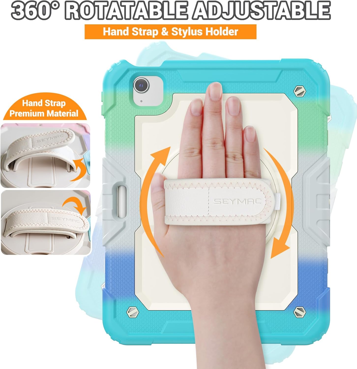 SEYMAC for iPad Air 5th/ 4th Generation Case 10.9", Full-Body Shockproof Protective Case with Screen Protector, Rotating Stand/Handle/Shoulder Strap/Pencil Holder for iPad Air 5/ Air 4, Colorful/Blue