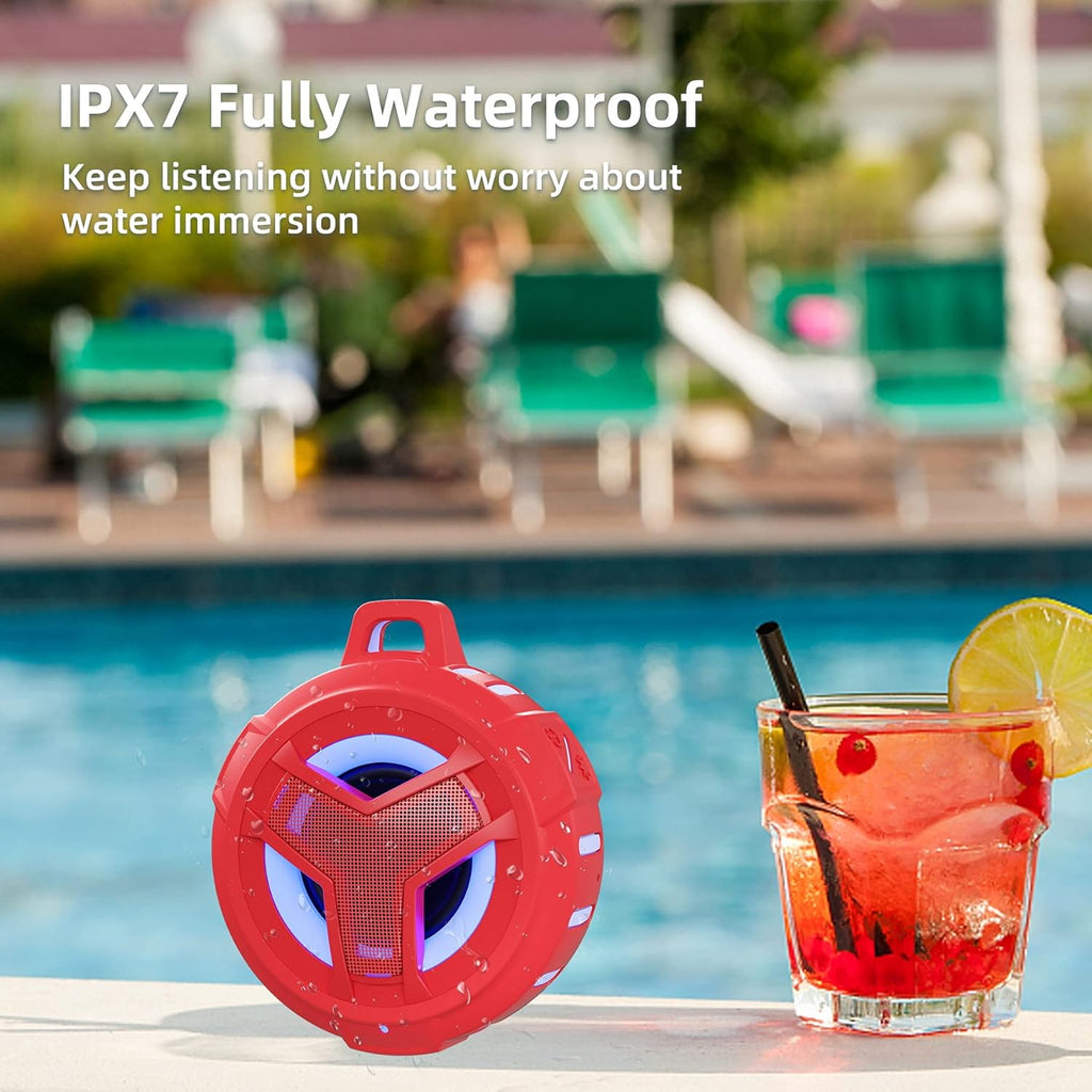 EBODA Bluetooth Shower Speaker, Waterproof Portable Speakers IPX7 Floating, True Wireless Stereo BT 5.0 Speaker with Bass, 2000mAh LED Light for Shower, Pool, Beach, Gifts for Women- Red