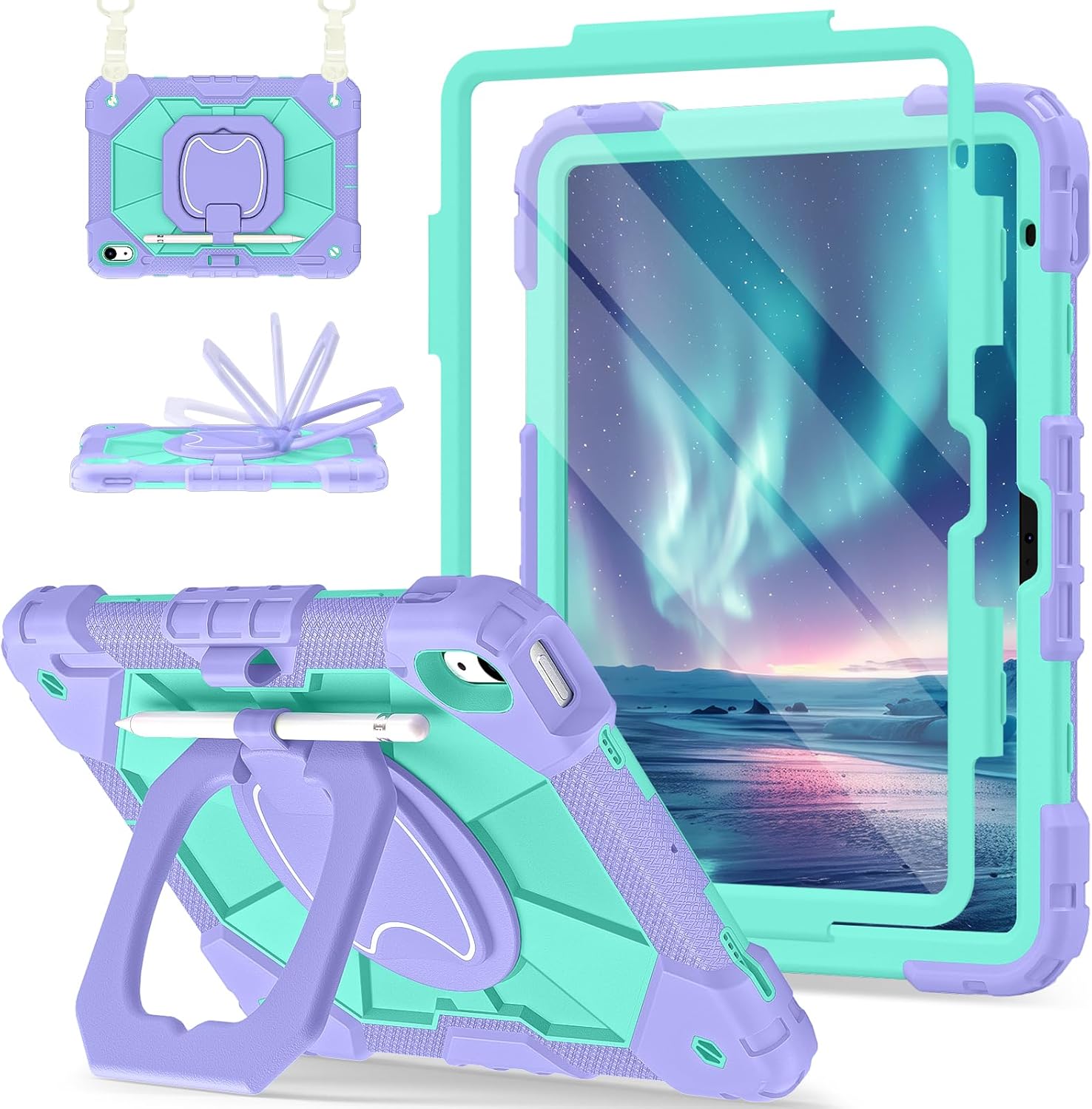 Case for iPad (A16) 11th Generation 11 Inch (2025) / iPad 10th Generation Case 10.9 Inch (2022) with 360° Rotating Stand Screen Protector Pen Holder Shoulder Strap, Purple Mint