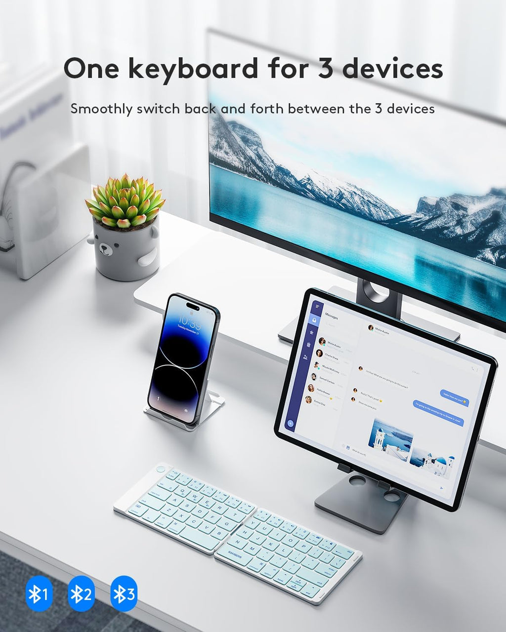 Samsers Bluetooth Foldable Keyboard, Wireless Portable Folding Keyboard, Full-Size Ultra-Slim Rechargeable Connect Up to 3 Devices for iOS Android Windows Phone Tablet and Laptop, Blue