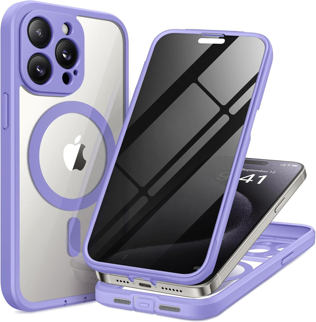 Magnetic for iPhone 15 Pro Max Case, Compatible with MagSafe, Built-in Privacy Screen Protector and Camera Protection, Anti Spy Full Body Dustproof Shockproof Hard Phone Case 6.7",Light Purple