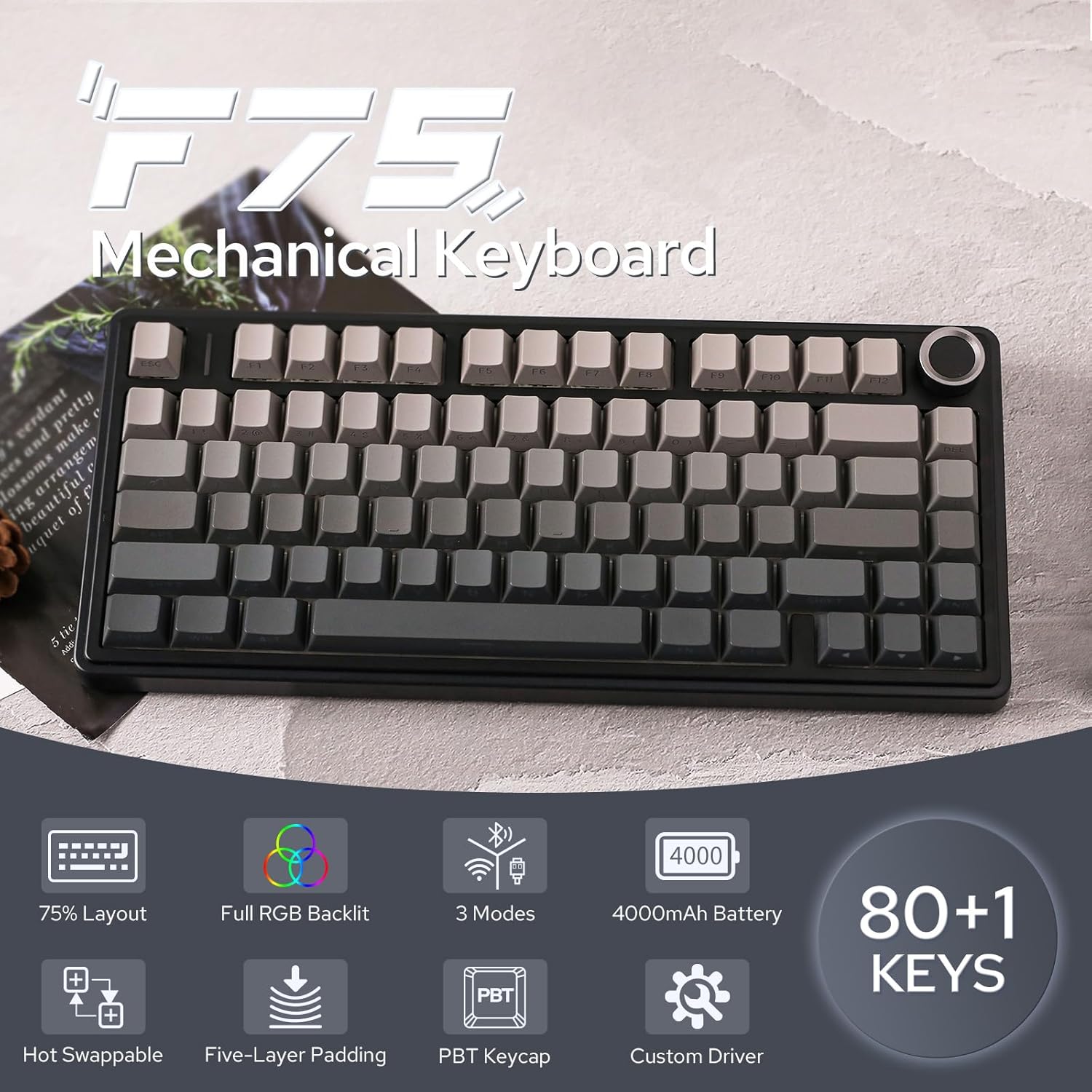 EPOMAKER x Aula F75 Gasket Mechanical Keyboard, 75% Wireless Hot Swappable Gaming Keyboard with Five-Layer Padding&Knob, Bluetooth/2.4GHz/USB-C, RGB (Black Gradient, LEOBOG Reaper Switch)
