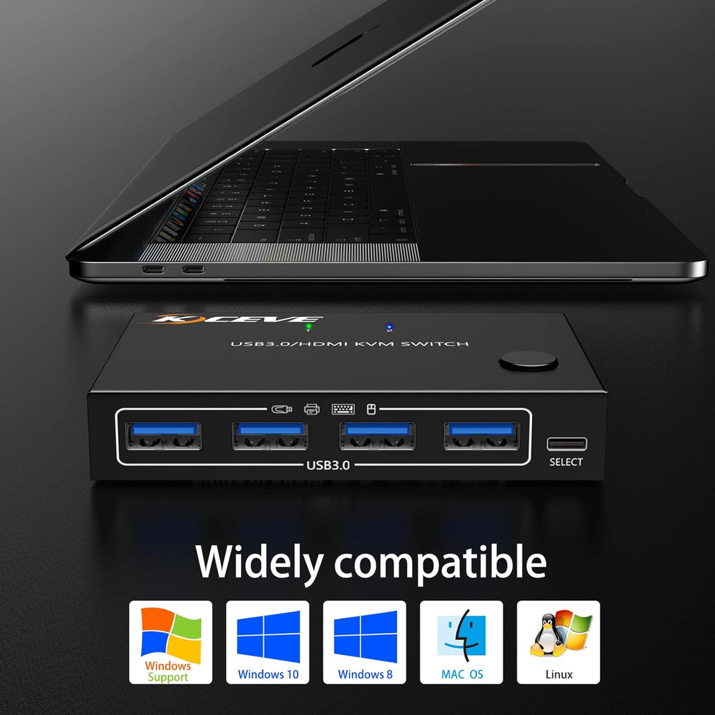 HDMI KVM Switch 1 Monitors 2 Computers 4K@60Hz, USB3.0 KVM Switches EDID Simulator 2 Ports for 2 PC Sharing Single Monitor and Keyboard Mouse with Wired Extend Controller and USB3.0 Cables