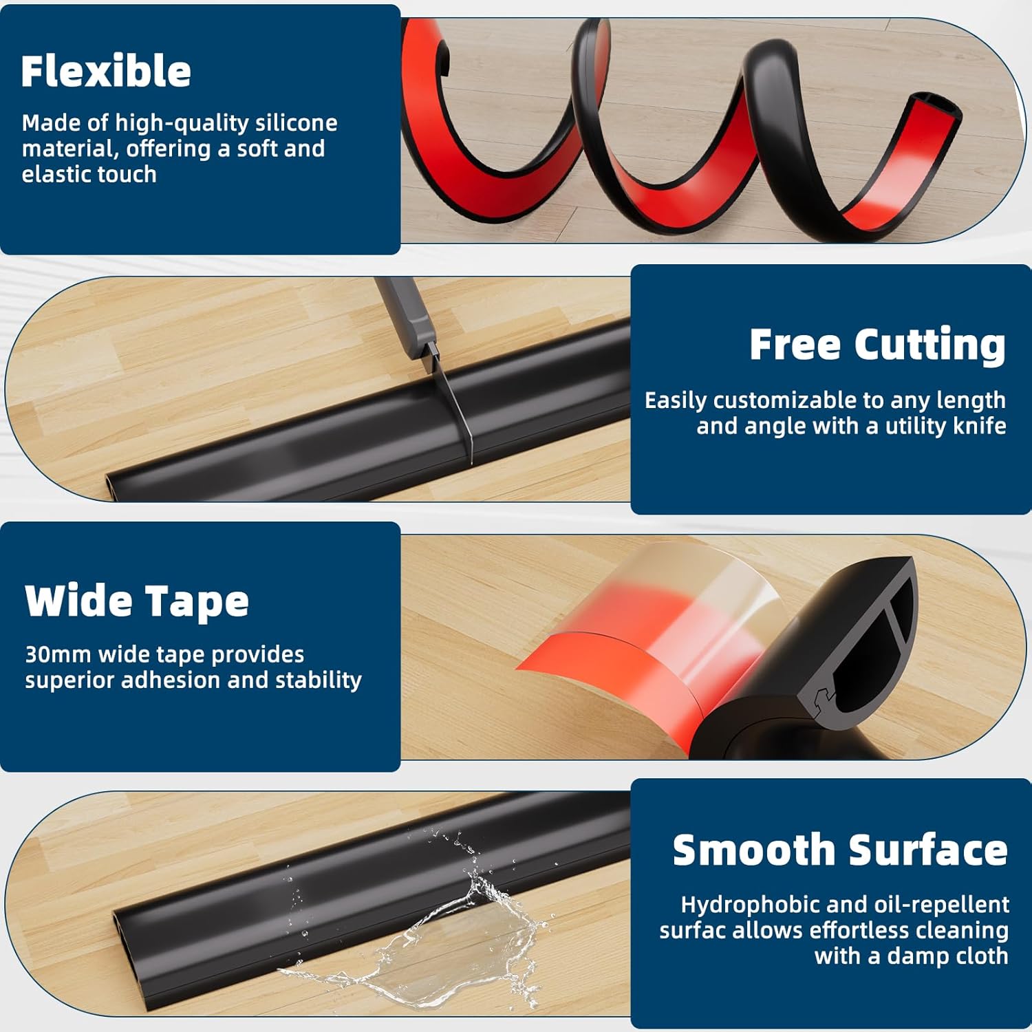 6ft Side Buckle Floor Cord Cover for Wires, Selfadhesive Extension Cord Hider Easy Floor Cable Management Prevent Cable Trips,Silicone Floor Wire Covers for Cords, Cable Protector Cord Cavity（Black）
