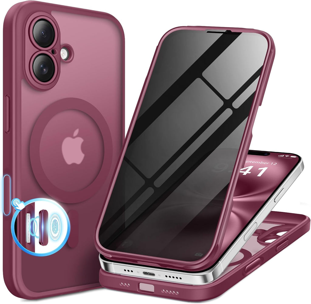 BERFY Magnetic for iPhone 16 Case, Compatible with MagSafe, Built-in Privacy Screen Protector and Upgraded Camera Protection, Anti-Spy Full Body Shockproof Phone Case for 16 6.1", Dark Red