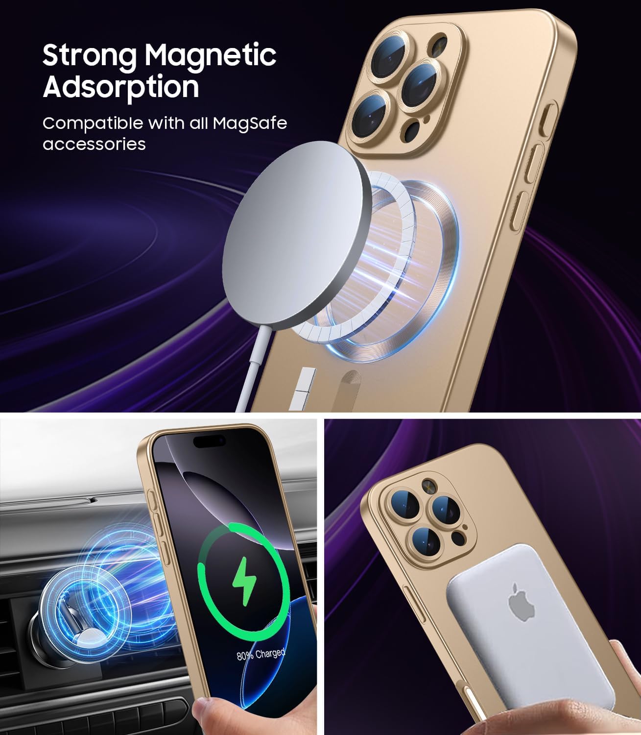 Magnetic for iPhone 16 Pro Case [Compatible with MagSafe][Built-in Camera Lens Protector] Slim Soft Silicone Bumper Shockproof Metallic Luster Phone Case (Gold)