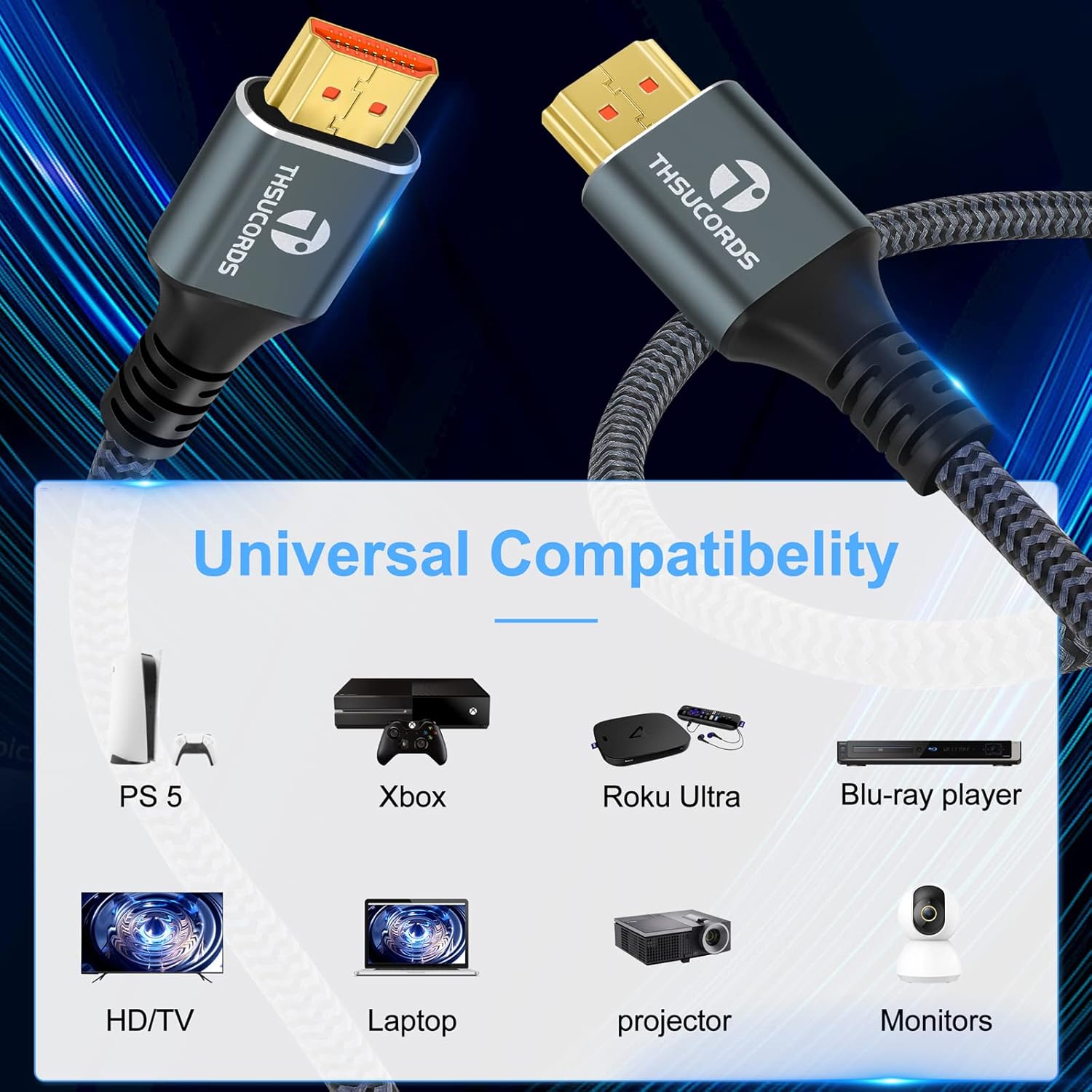 8K 4K HDMI Cable 10FT, High Speed Braided HDMI to HDMI 2.1 Cord Supports 8K@60Hz, 4K@120Hz 144Hz 48Gbps Compatible with Roku TV/PS5/HDTV/Blu-ray