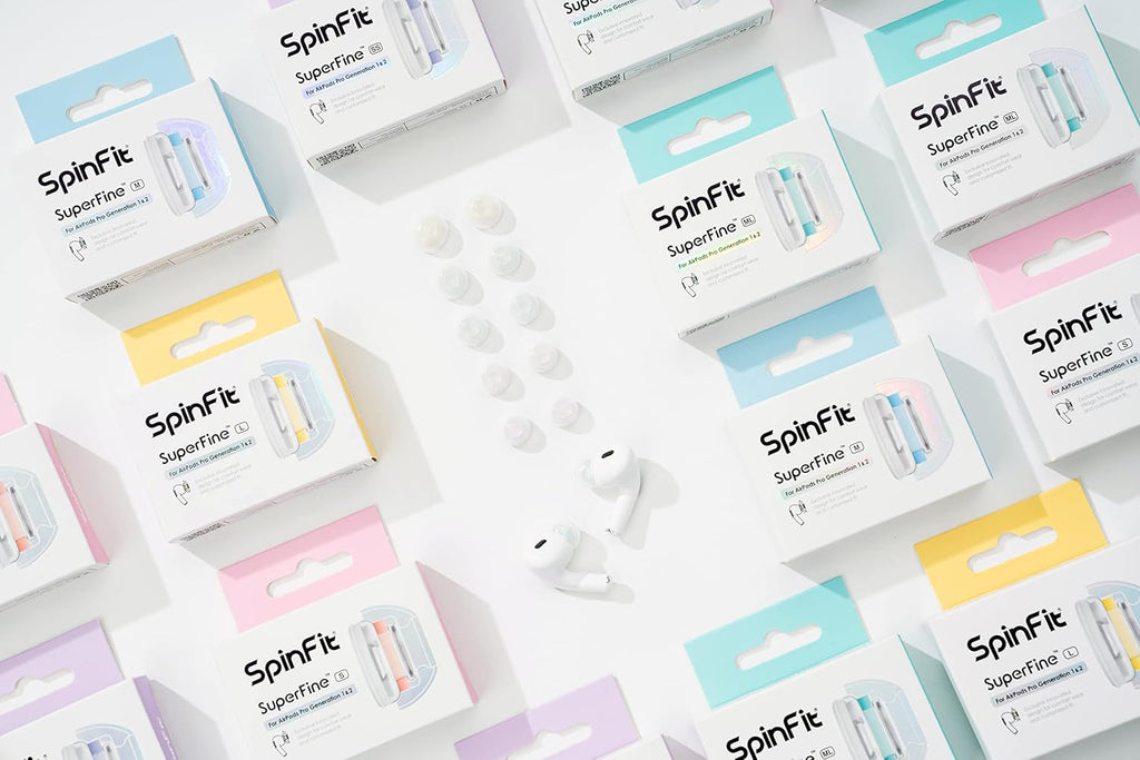SpinFit Superfine for AirPods Pro Gen 1 & 2 - L - Medical Grade Silicone Patented Replacement Ear Tips and Adapters for Supreme Comfort (one Pair)(Ear Tips Installed)