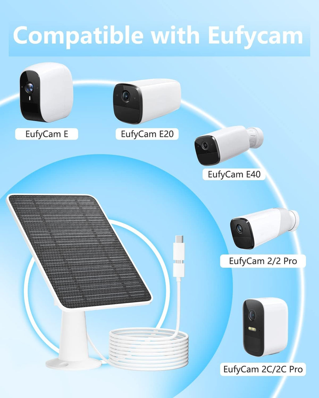 Solar Panel Charger Compatible with Eufycam 3/3C/2C/2C Pro/E40/E20/2/2 Pro/E/L20/L40/Solo/SoloCam Spotlight, 5W Solar Panel for Eufy Camera, Micro USB & USB-C Port, 9.8ft Cable, P65 Waterproof, 4 Pack