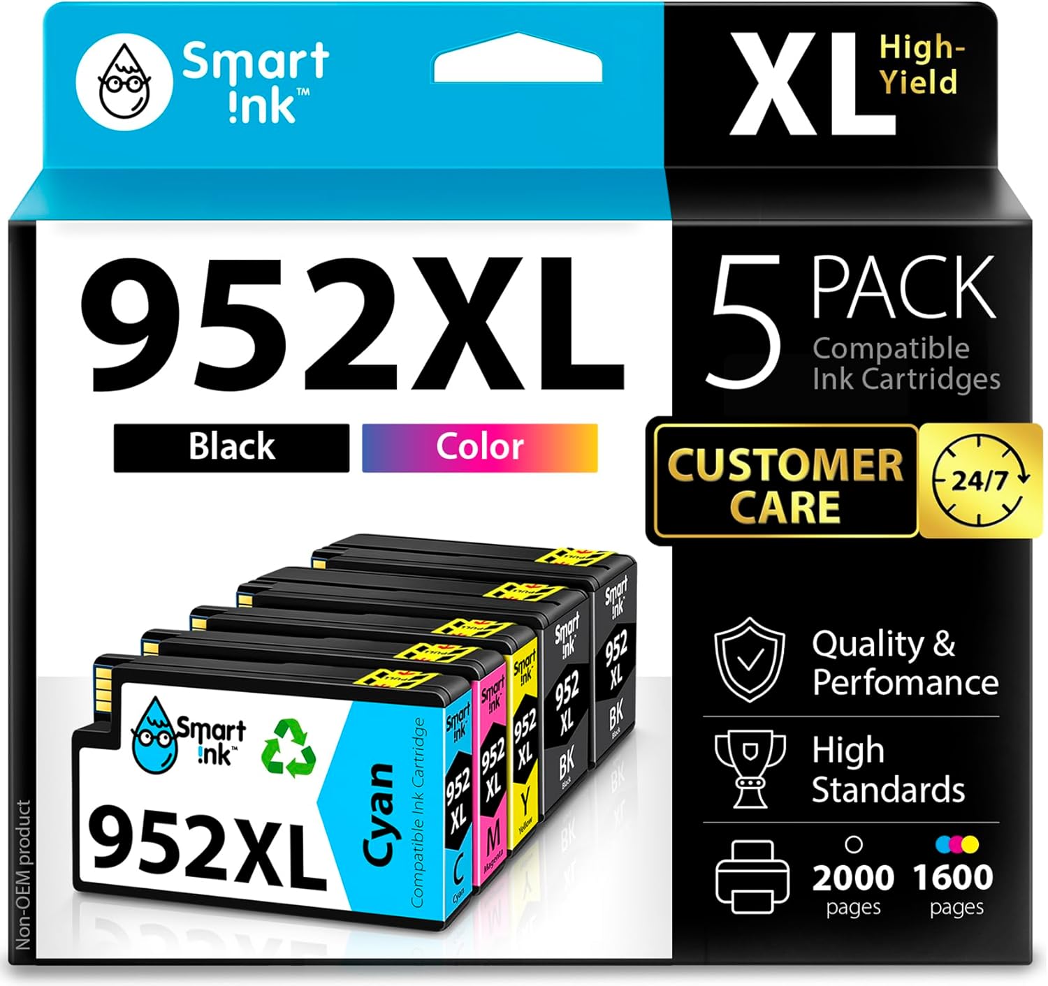Smart Ink Compatible Ink Cartridges Replacement for HP952XL 952 XL 2 Black and Cyan/Magenta/Yellow (5 Combo Pack) to use with HP OfficeJet Pro 8710 7740 8720 8715 8210 8703 OfficeJet 8702 Printers
