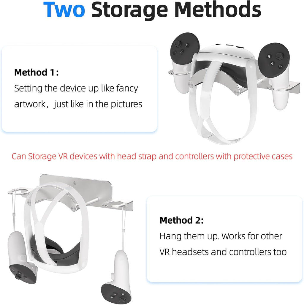 VR Wall Mount Aluminum Alloy,VR Headset Wall Mount Storage Stand Hook Compatible with Meta Quest 3/Quest Pro/Quest 2,Quest 3 Stand with 2 Storage Way,Desk Space Saving(Silver)