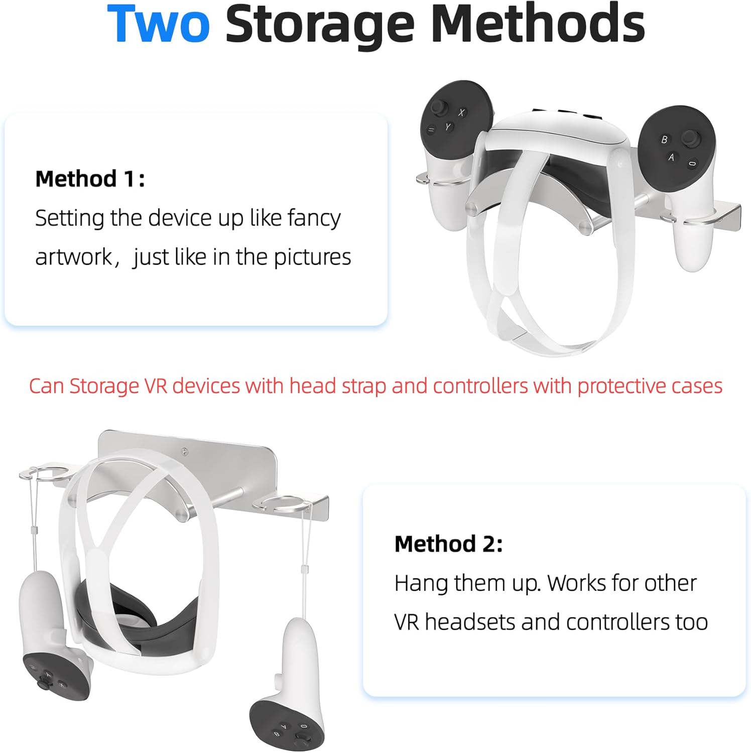 VR Wall Mount Aluminum Alloy,VR Headset Wall Mount Storage Stand Hook Compatible with Meta Quest 3/Quest Pro/Quest 2,Quest 3 Stand with 2 Storage Way,Desk Space Saving(Silver)