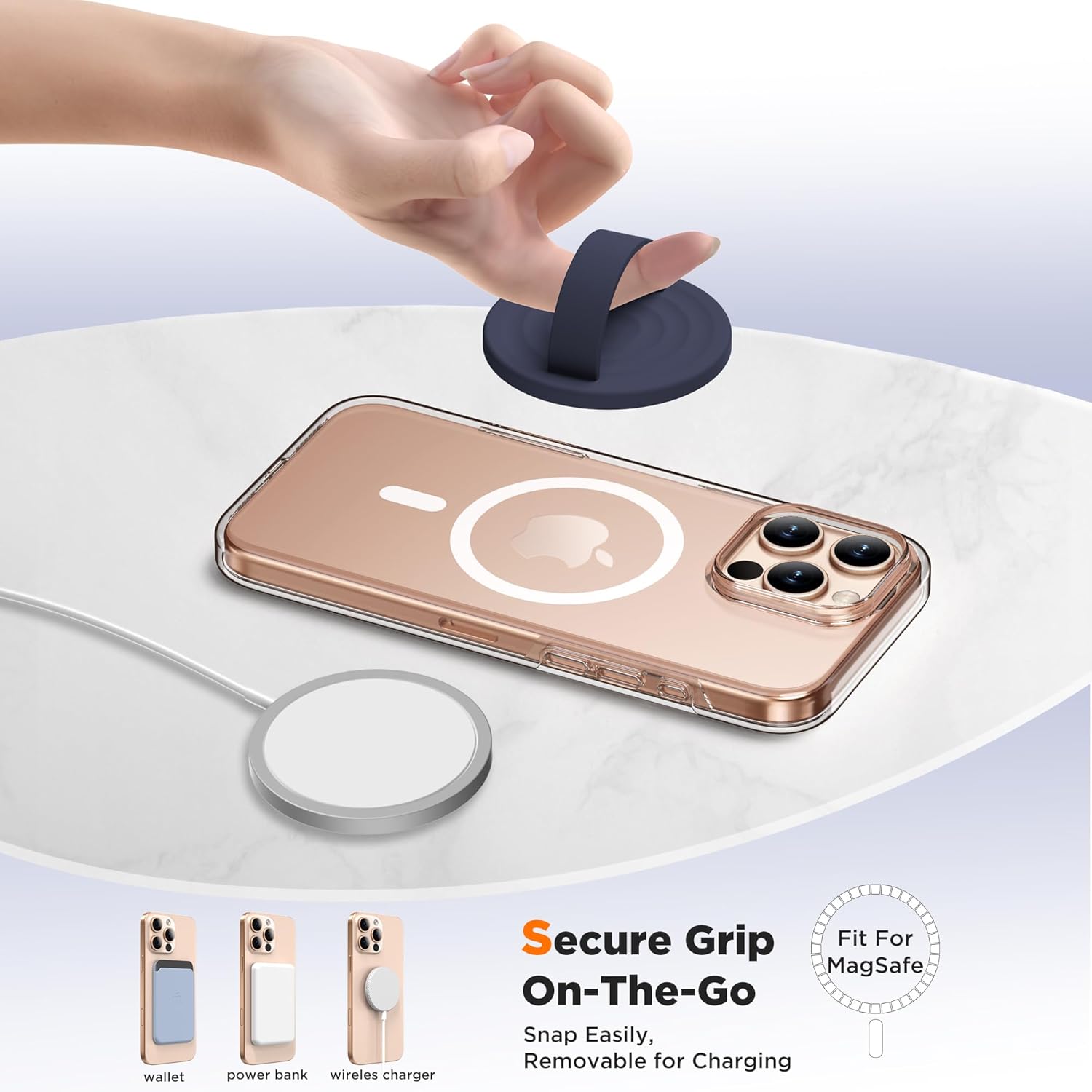 Magnetic Phone Ring Grip Holder, Silicone Finger Loop Grip, Compatible with MasSafe, Back of Phone for iPhone Pro Max/Plus/16/15/15/14/13/12 Series, Midnight Blue