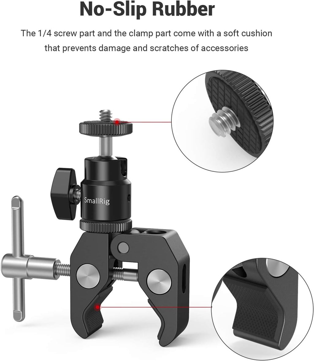 SmallRig Super Clamp Mount with Mini Ball Head Mount, Hot Shoe Adapter with 1/4 Screw for LCD Field Monitor, LED Lights, Flash, Microphone, for Gopro, for DJI Action 2, for Insta360