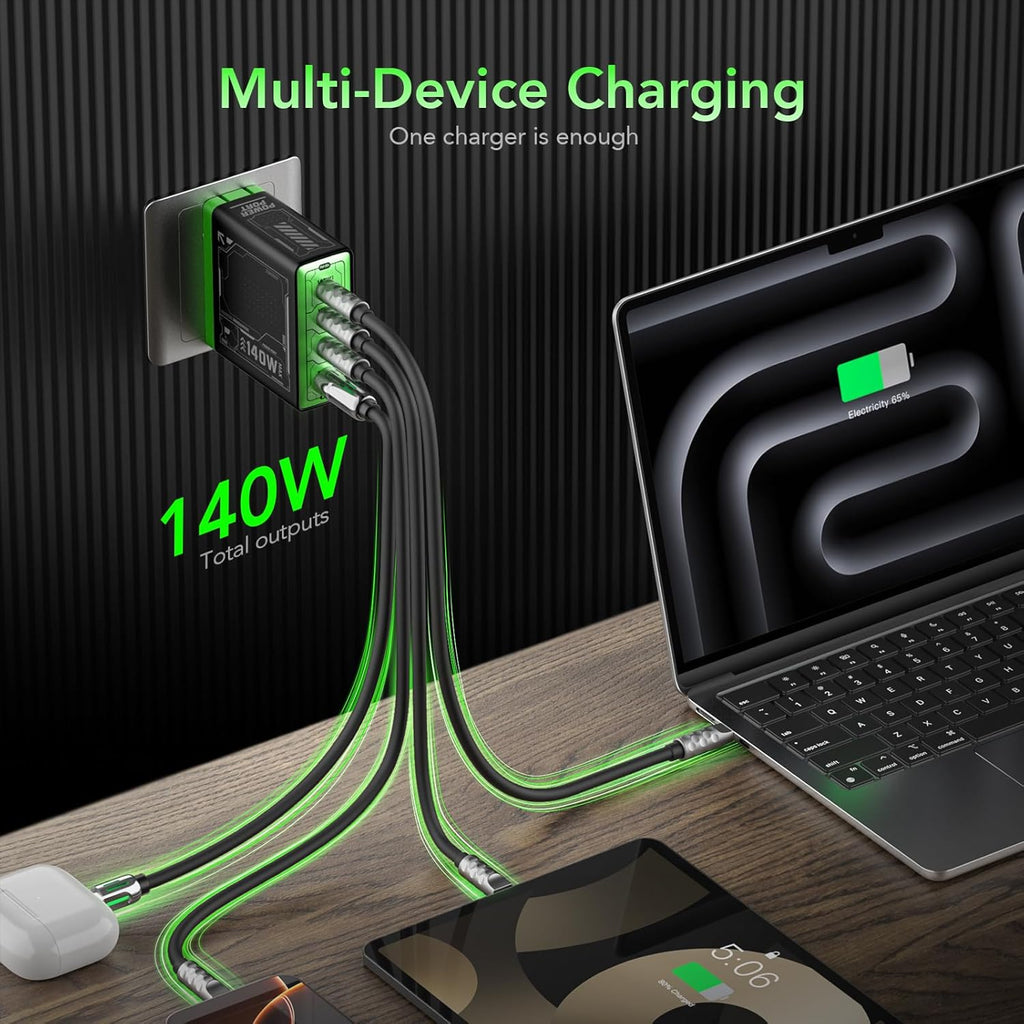 Mfish 140W USB C Charger, 4-Port GaN Charger Block, Foldable Fast Laptop Charger Power Adapter for MacBook Pro/Air, iPad Pro, iPhone 16 Pro, Galaxy S25/S24, Steam Deck, Google Pixelbook, and Tablet
