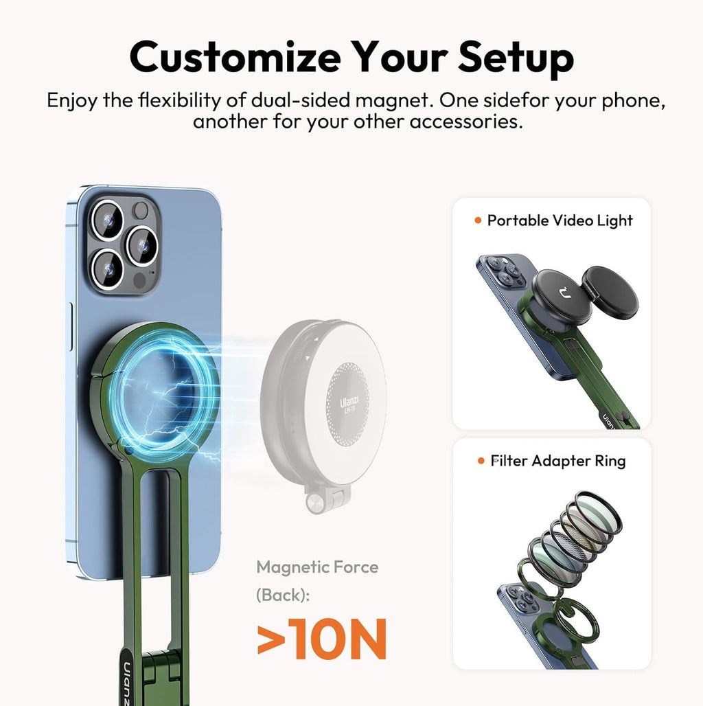 ULANZI MA30 Magnetic Phone Tripod Stand for iPhone - Aluminium Maglock Smartphone Mini Tripod Pocket Cell Phone Stand Strong Magnet Quick Mount Compatible with iPhone 16 15 14 13 12 Series, Green