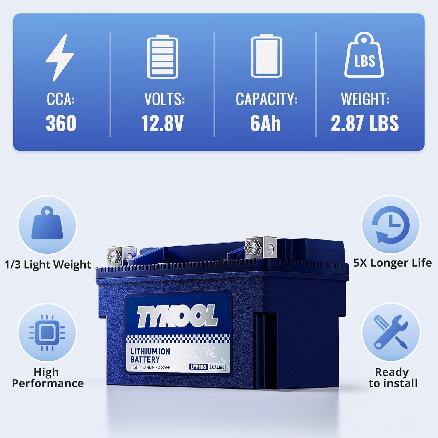 TYKOOL YTZ10S 12V 6Ah, 360CCA,3X Cranking Amps,5X Life,High Performance Lithium LiFePO4 Motorcycle Battery, Built in BMS, Powersports Battery, for Yamaha Scooter, ATV,Riding Lawn Mower