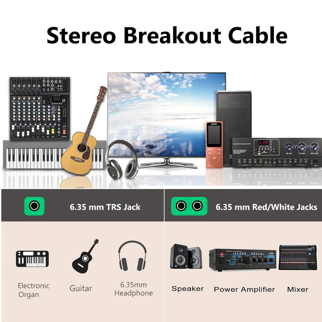 Devinal TRS to Dual TS Breakout Cable - 1/4" Female Stereo to Dual 6.35mm TS Male Adapter & 6.35mm Female to 2 x 1/4" Mono Y Splitter - 1 ft