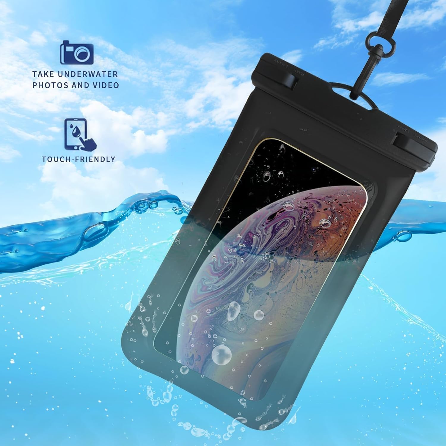 Floatable Waterproof Phone Pouch Case 2 pax for iPhone 16 Pro Max/15/14/13/12, IP68 Travel Cellphone Dry Bag Beach Cruise Ship Essentials Bags with Crossbody Lanyard,Black and White-7″