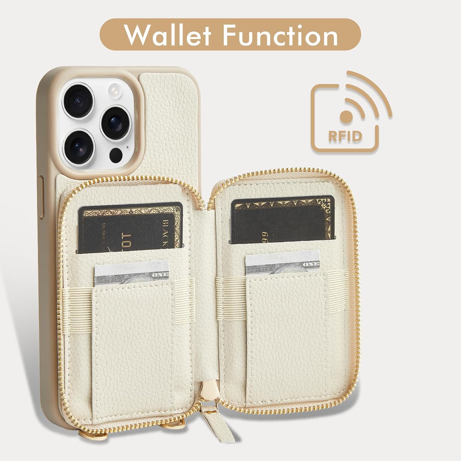 ZVE for iPhone 15 Pro Wallet Case with Card Holder, Phone Cover for Women, Zipper Leather RFID Blocking Purse with Wrist Crossbody Strap for iPhone 15 Pro (6.1 inch)- Beige