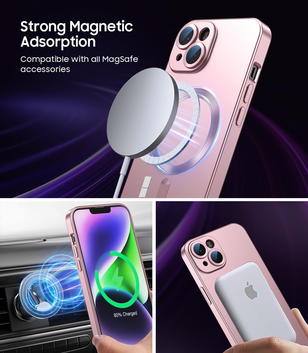 Magnetic for iPhone 15 Case [Compatible with MagSafe][Built-in Camera Lens Protector] Slim Soft Silicone Bumper Shockproof Metallic Shine Phone Case (Rose Gold)