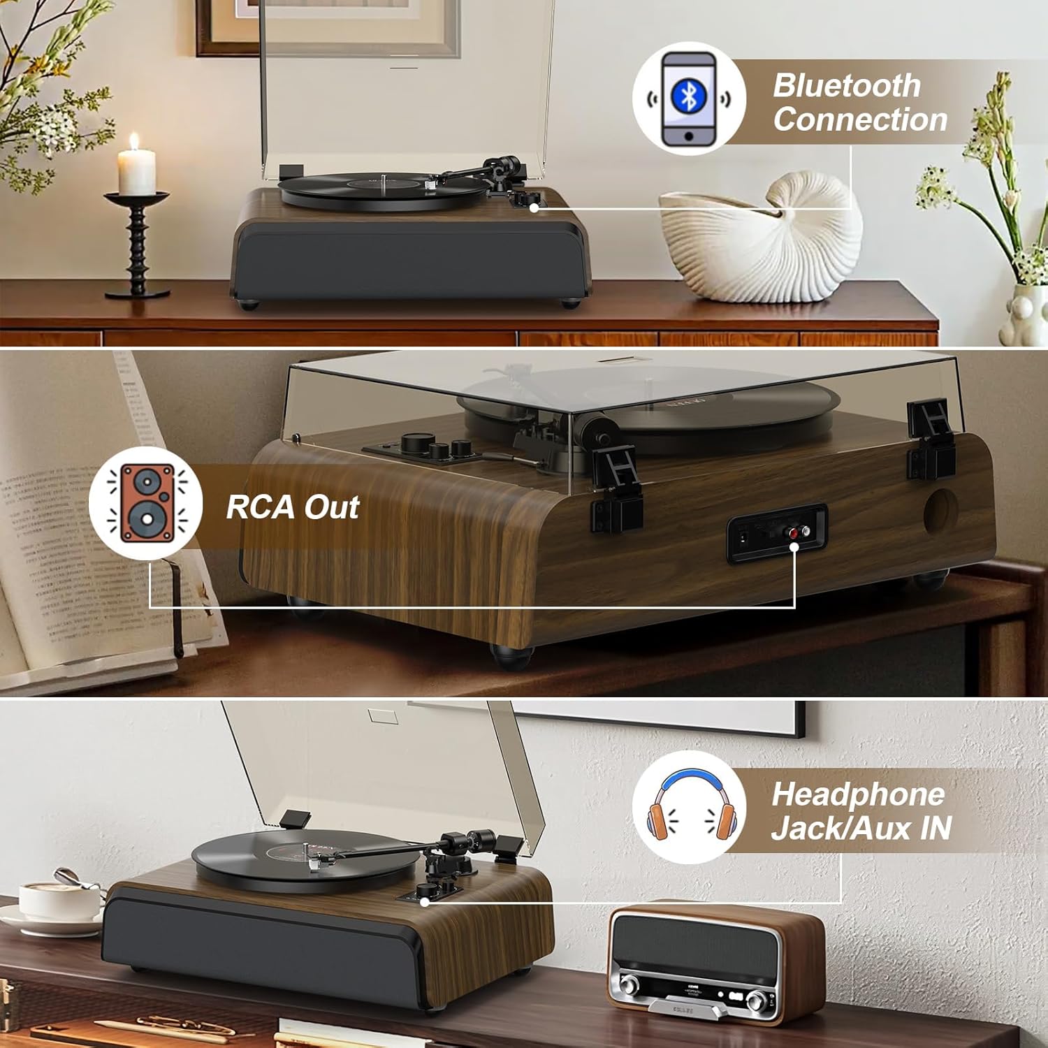 Record Player High-Fidelity Turntable with 2.1 Channel Sound System Built-in Subwoofer for Enhanced Bass, Vinyl Record Player with Magnetic Cartridge BT5.3 Playback RCA Out Aux in Belt-Drive 33/45RPM
