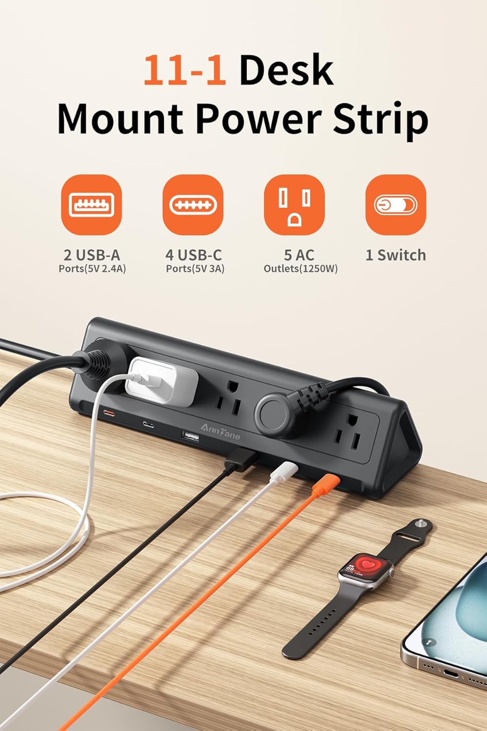 10 FT Desk Clamp Power Strip with 5 AC Outlets & 6 USB Ports PD 40W USB-C Fast Charging, 1250J Surge Protector, Fits 2.6 in top Edge Black