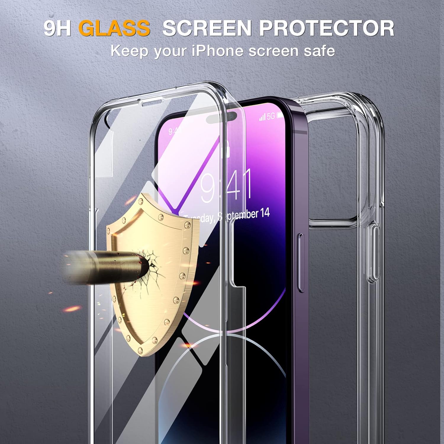 Miracase Glass Series Designed for iPhone 14 Pro Max Case 6.7 Inch, Upgrade Full-Body Bumper Case with Built-in 9H Tempered Glass Screen Protector with Camera Lens Protector, Clear