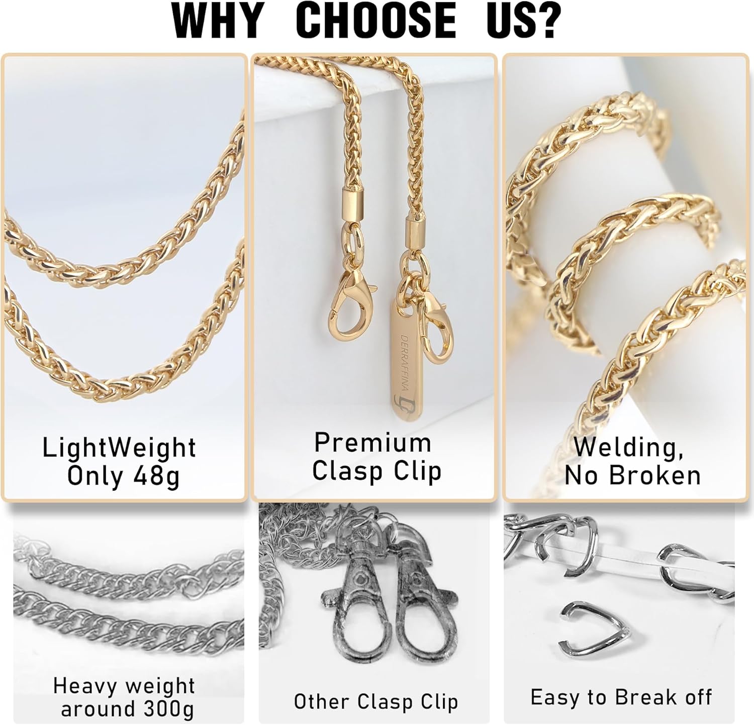 Metal Phone Chain, Crossbody Detachable Phone Lanyard with 1*Wrist Strap & 2* Tether Tabs for iPhone and Smartphones (Gold,Long)