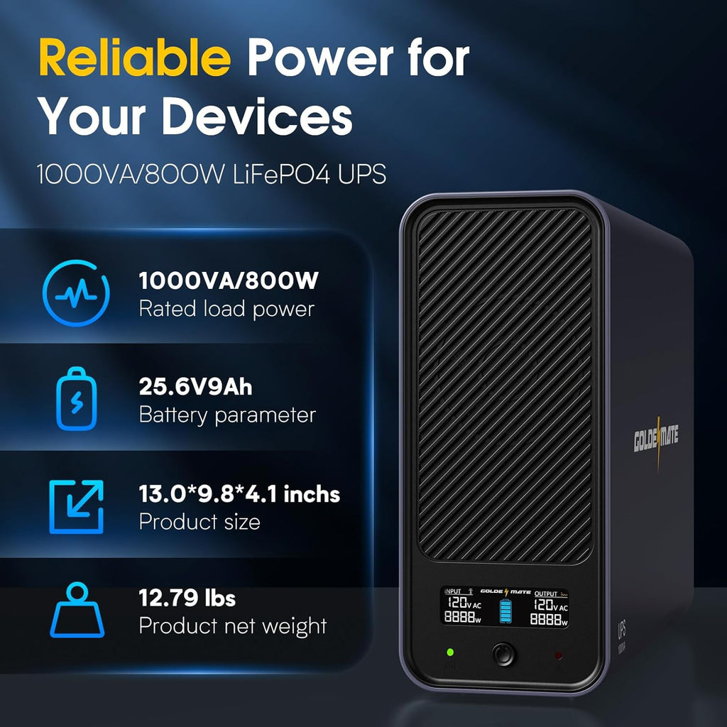 GOLDENMATE 1000VA/800W Lithium UPS Battery Backup and Surge Protector, Sinewave UPS System with LiFePO4 Battery(230.4 Wh), 2025 Upgraded Pro Ver. with Communication Port, 8 Outlets, LCD Display, Gray