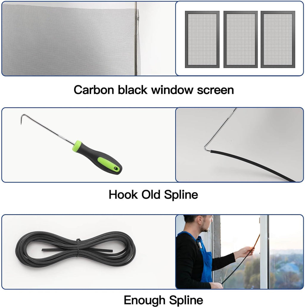 Window Screen Door Repair Kit Include Window Screens Mesh 48"x118" with All Tools in Window Screen Replacement(2pcs Screen Rollers, Screen splines, Hook, Utility Knife and Ruler), Yolovit