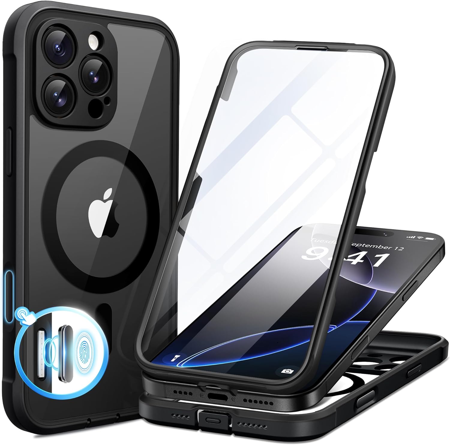 BERFY Magnetic for iPhone 16 Pro Max Case, Compatible with MagSafe, [Built-in 9H Tempered Glass Screen Protector & Upgraded Camera Protection] Full Body Shockproof Phone case for 16 ProMax,Black