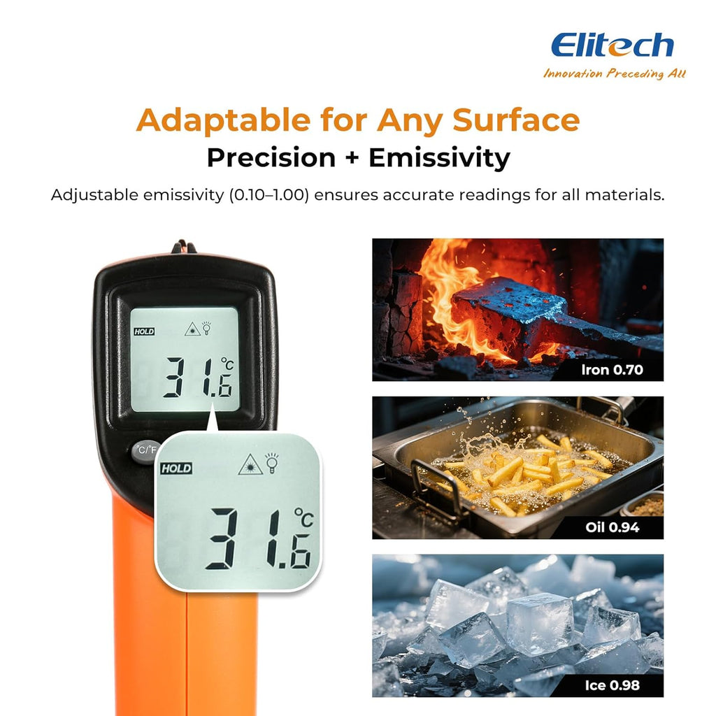 Elitech 2Pack Laser Temperature Gun, Non-Contact Digital Infrared Thermometer, Adjustable Emissivity, Backlight, Handheld for Grill, Meat, Candy, Automotive, HVAC Tools, -50~530°C(-58~986°F), DIT-220