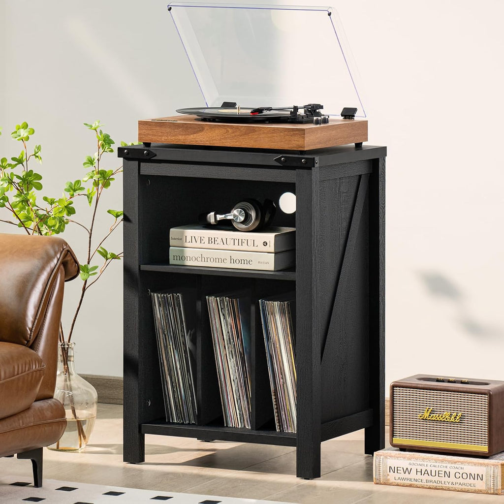 Record Player Stand with Vinyl Record Storage,Black Record Player Table Holds up to 160 Albums,Large Wood Turntable Stand Cabinet Dispaly Shelf for Living Room,Bedroom,Office