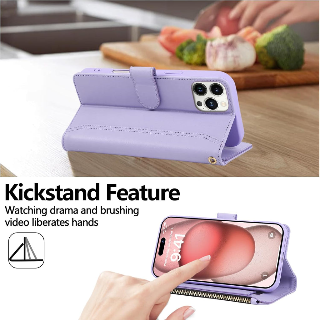 Compatible with iPhone 12 Pro Max Wallet Phone Case-PU Leather Magnetic Flip Cover with Credit Card Slots,Zipper Pocket & Detachable Wrist Strap,Shockproof Design,for Women and Men-Purple