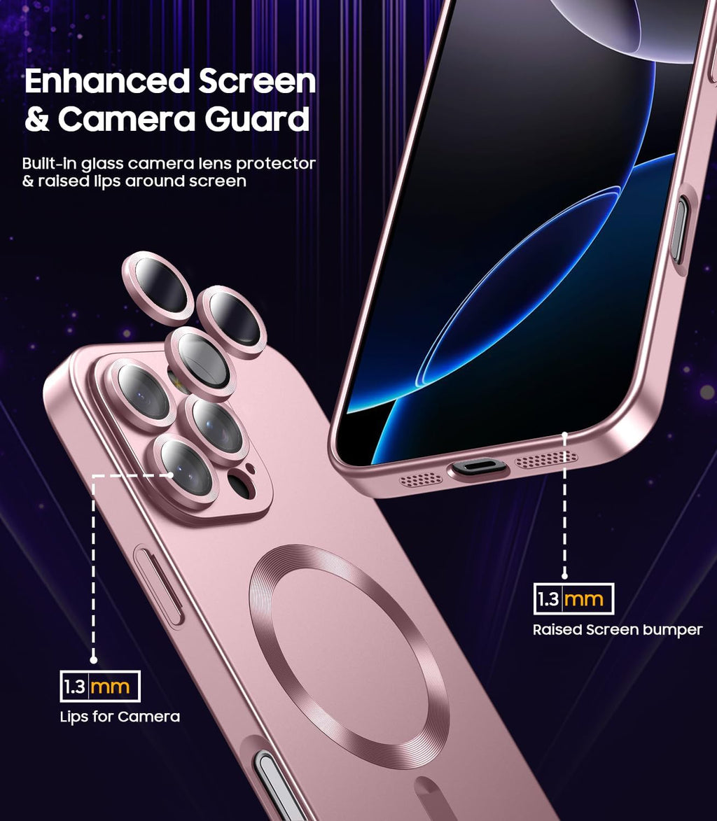 Magnetic for iPhone 16 Pro Max Case [Compatible with MagSafe][Built-in Camera Lens Protector] Slim Soft Silicone Bumper Shockproof Metallic Luster Phone Case (Rose Gold)