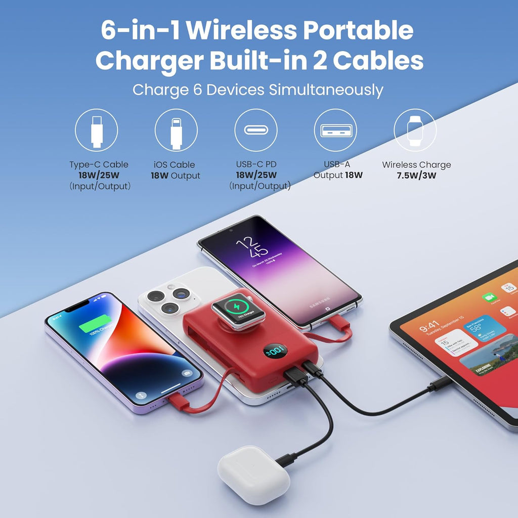 Magnetic Portable Charger 10800mAh for iPhone with Built-in Cables, 6-in-1 Wireless Power Bank with iWatch Charger, 25W PD Fast Charging USB C Battery Pack for iPhone 16/15/14/13/12, Apple Watch(Red)
